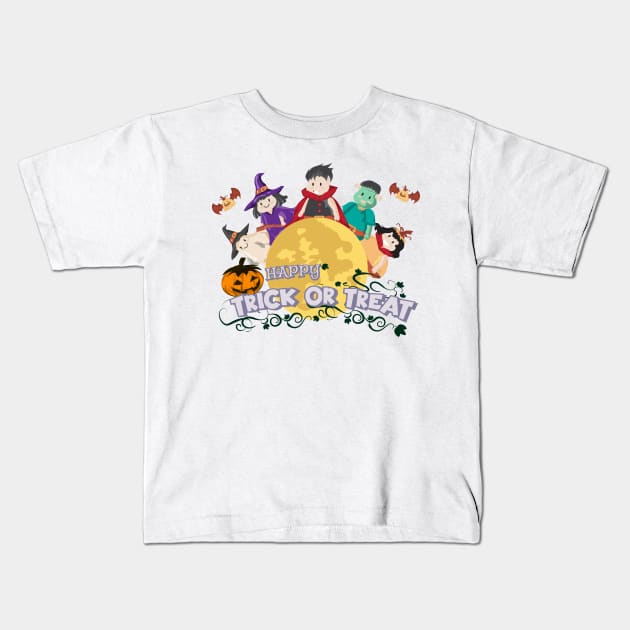 Cute cartoon Happy Halloween.Trick or Treat. Kids T-Shirt by Longgilbert